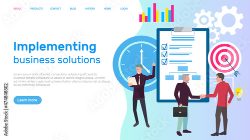 Implementing business solution vector. People working in area of management. Time deadline coping with tasks employee at work, making deal, contract conclusion. Business website landing page template