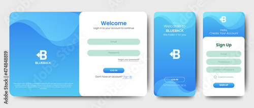 Set of Sign Up and Sign In forms. Blue gradient. Registration and login forms page. Professional web design, full set of elements. User-friendly design materials.