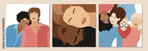 International Women's Day Feminism set of cards with hand drawn cartoon characters of women in modern flat minimalism style