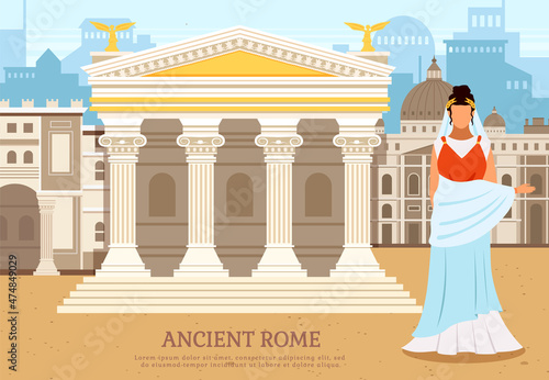 Ancient roman woman near pantheon temple building with columns, antique culture vector poster. Italian landmark Pantheon, old temple in city square. Traditional historical landscape ancient times