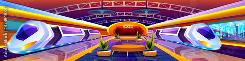 Cartoon illuminated arriving trains in metro station. Modern underground interior with empty subway platform, exit and seats for passengers. Unusual public railway. Railroad urban transportation.