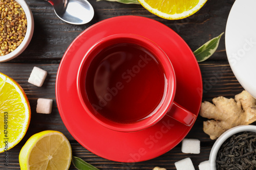 Concept of hot drink with tea, close up