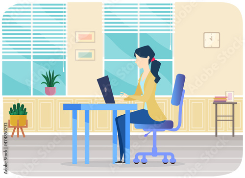Lady sitting with computer at workplace. Woman with laptop surfing internet, working. Female manager uses technology, electronics for work. Employee typing on keyboard, working at her office
