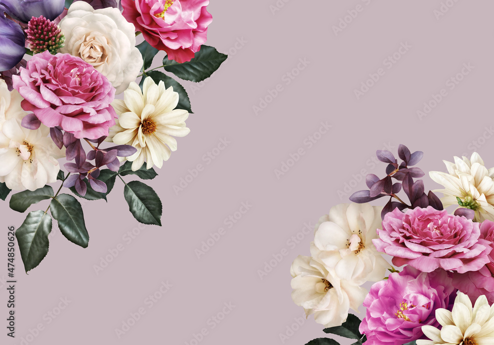 Floral banner, header with copy space. Roses, tulips and dahlia isolated on pastel background. Natural flowers wallpaper or greeting card.