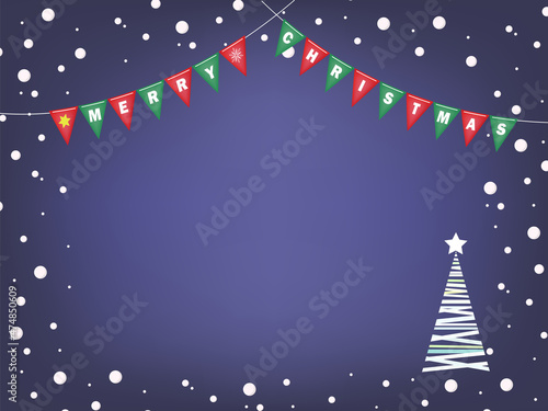 白い雪が降る夜の背景素材、Merry Christmasのフラッグガーランドとクリスマスツリー、中央が明るいグラデーション青背景