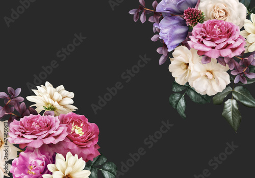 Floral banner  header with copy space. Roses  tulips and dahlia isolated on dark grey background. Natural flowers wallpaper or greeting card.