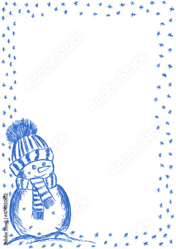  Christmas frame with a snowman and snowflakes