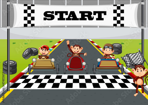 Race track scene with monkey racing drivers