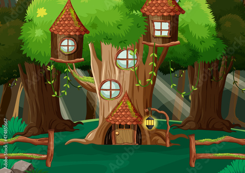 Fantasy forest scene with tree houses