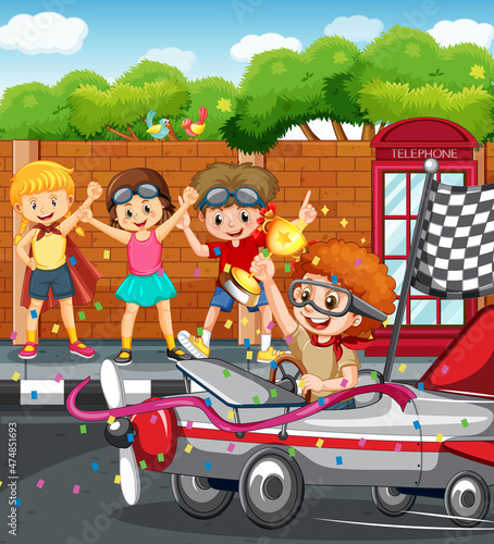 Outdoor scene with children racing car