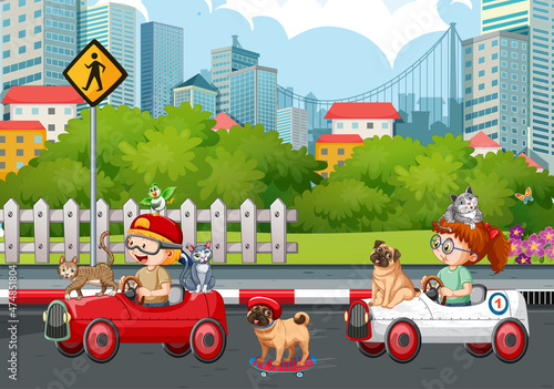 Street scene with a boy riding a car with their animals