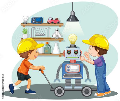 Children fixing a robot together