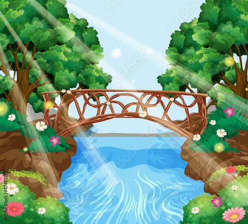 Enchanted garden background with stone bridge