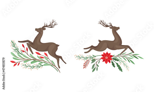 Graceful jumping deers set  Christmas holidays design element with tree branches cartoon vector illustration