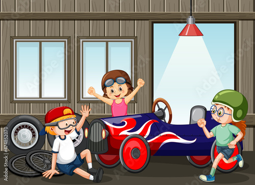 Garage scene with children fixing a car together