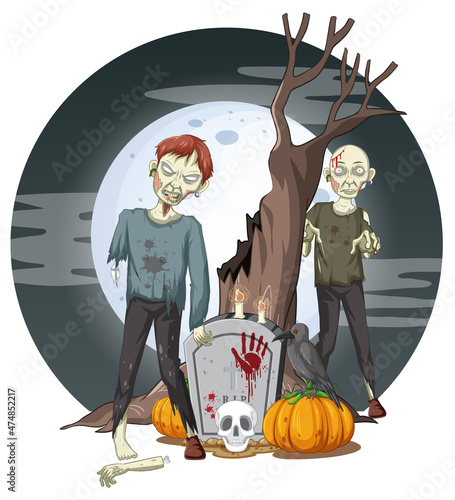 Creepy zombies on full moon background
