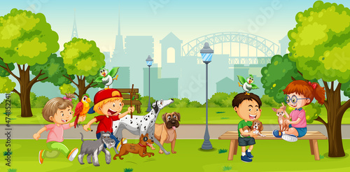 Children playing with their animals at the park