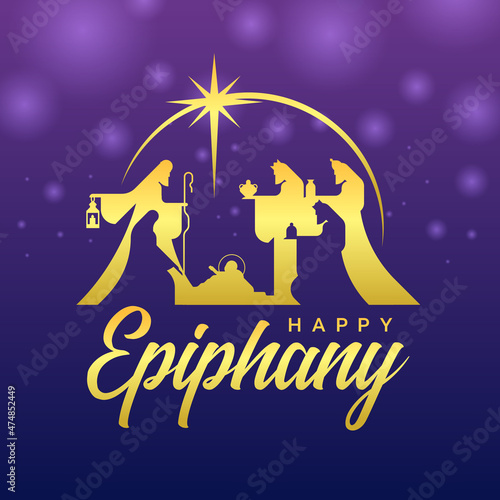 Happy Epiphany - gold nativity of Jesus scene and Three wise men under star light on purple bokeh light background vector design