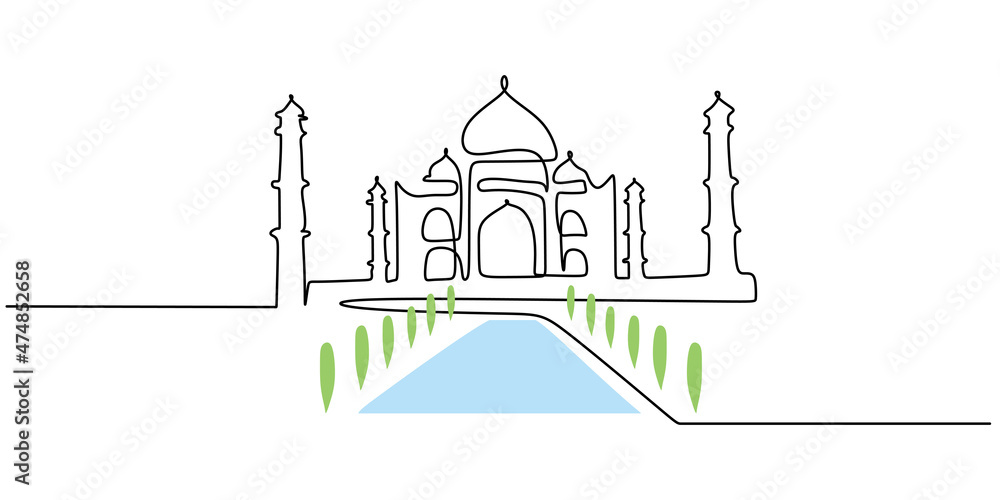 Continuous one single line of taj mahal from india isolated on white background.