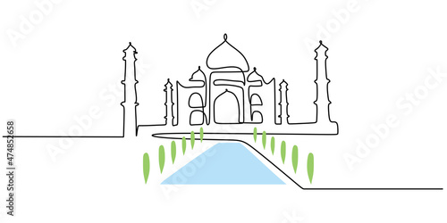 Continuous one single line of taj mahal from india isolated on white background.
