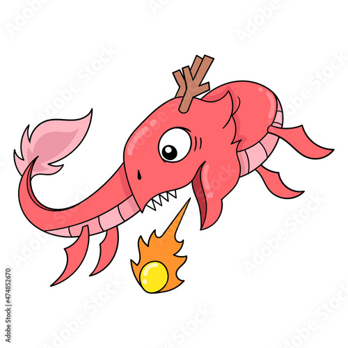 red dragon spouts fireball, doodle icon image kawaii