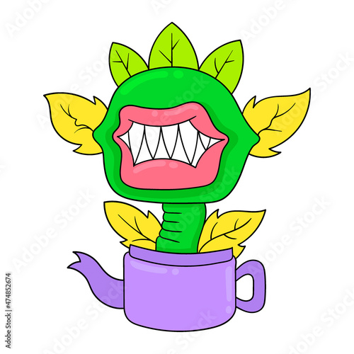 sharp-toothed monster flower growing in a pot, doodle icon image kawaii