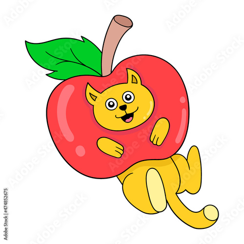 the cat is wearing a fresh red apple, doodle icon image kawaii