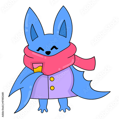 blue bat holding orange syrup, doodle icon image kawaii