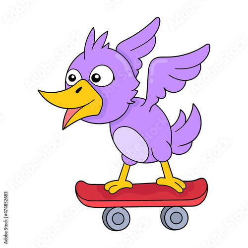 bird is skateboarding, doodle icon image kawaii