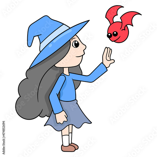 female witch interacting with bats, doodle icon image kawaii