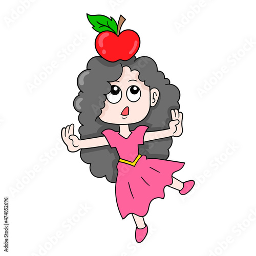 girl wearing a pink dress with a fresh apple on her head, doodle icon image kawaii