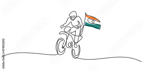 Fototapeta Continuous one single line of man bring india flag on motorcycle for republic day isolated on white background