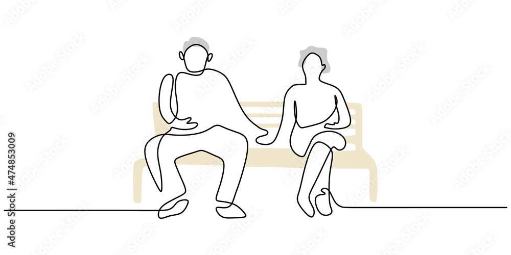 Continuous one single line of mature couple sitting on chair isolated on white background. Continuous one single line of mature couple sitting on chair isolated on white background.