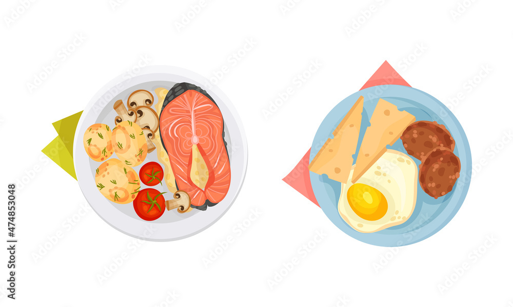 Top view of meal served on plates set. Salmon fish, potato and mushroom, fried egg and cheese vector illustration Top view of meal served on plates set. Salmon fish, potato and mushroom, fried egg and cheese vector illustration