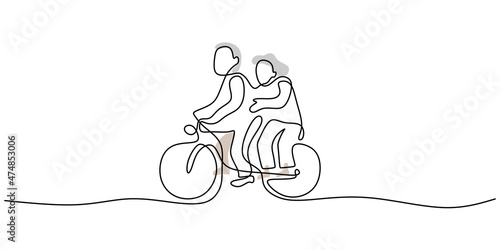 Continuous one single line of mature couple riding bicycle isolated on white background.