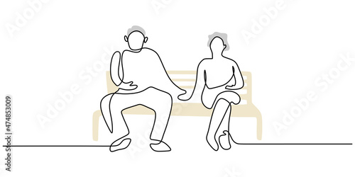 Continuous one single line of mature couple sitting on chair isolated on white background.