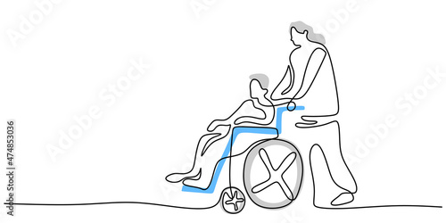 Continuous one single line of old man helping old woman on wheel chair isolated on white background.
