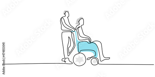 Continuous one single line of man helping woman on wheel chair isolated on white background.