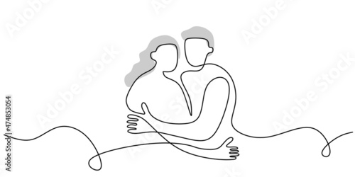 Continuous one single line of cute romantic couple hugging isolated on white background.