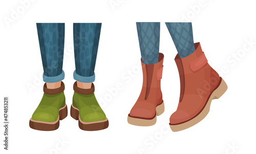 Set of female leegs in trendy shoes. Leather boots in casual style vector illustration