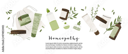 Homeopathy, naturopathy. Complementary, alternative, integrative, holistic medicine. Natural organic herb. Apothecary bottle. Vector flat cartoon illustration. Landing page, banner design, flyer