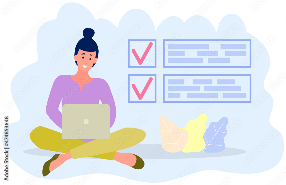 Freelancer sitting with laptop and working with to do list. Time management, schedule planning concept. Woman with checklist, task planner program on computer. Lady plans work schedule for month Freelancer sitting with laptop and working with to do list. Time management, schedule planning concept. Woman with checklist, task planner program on computer. Lady plans work schedule for month