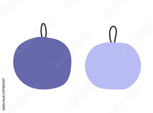 Vector flat simplified illustration with abstract violet (very peri and light purple) Christmas balls. Concept with two isolated hand drawn decorations for xmas tree on white background