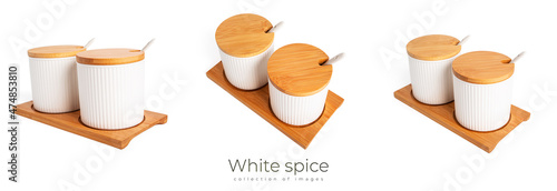White spice jars isolated on a white background. Sugar bowl, salt shaker