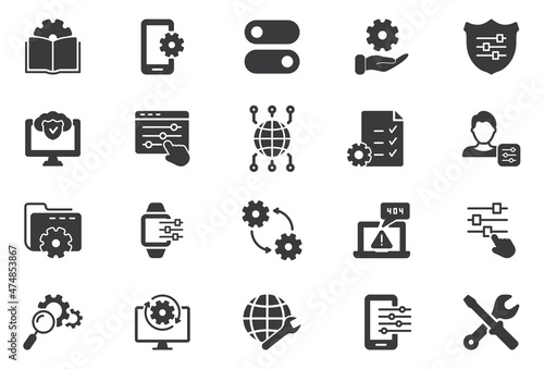 Simple Set of Setup, Repair and Settings Silhouette Icon. Gear, Screwdriver and Wrench Icons. Tech Support, Settings and Options Concept. Isolated Vector illustration