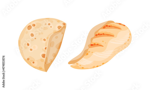 Wheat pita bread and chicken fillet. Doner kebab, shawarma cooking ingredients vector illustration
