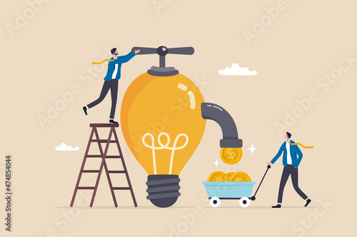 Idea to make money, earning or profit from business creativity, financial advise to gain more wealth or success rich investor concept, businessman open lightbulb idea faucet to earn money coins.