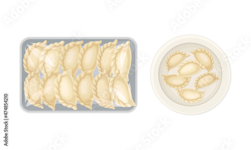 Set of uncooked dumplings on plates. Vareniki made of dough stuffed with meat or vegetables vector illustration