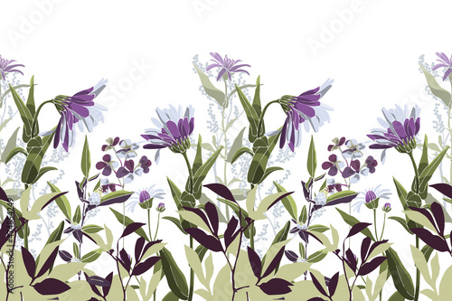 Vector floral seamless pattern, border. Horizontal panoramic image with white-purple flowers.