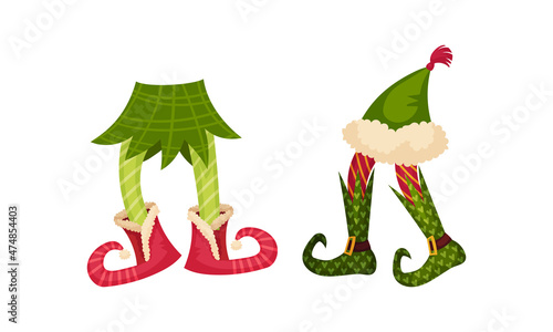 Christmas elf legs with funny socks and boots. Xmas holiday decor elements vector illustration